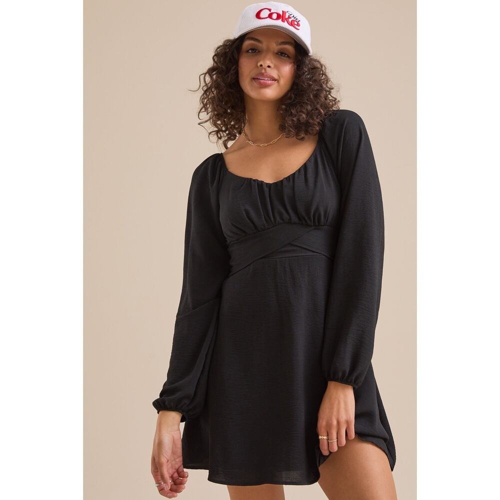 NWT: Altar'd State Black Long Sleeve Tie Back‎ Mini Dress Large (K735)